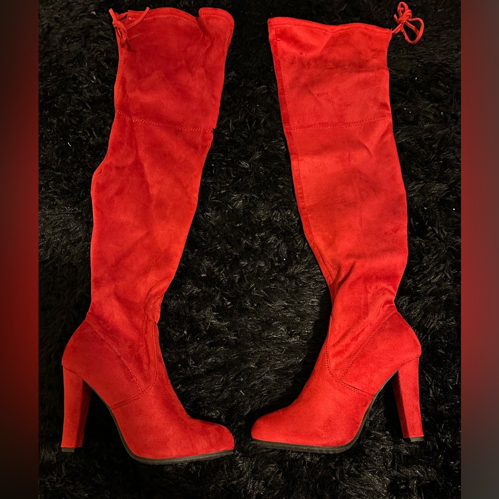 Red tall suede heeled boots